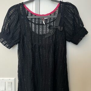 Ric Rac Elegant Black Lace Sheer Blouse Bow Accent Puff Short Sleeve M - New